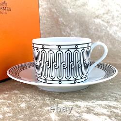 Authentic HERMES Tea Cup Saucer H Deco Black White Porcelain Tableware withBox