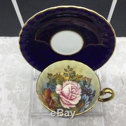 Aynsley Cobalt Blue Cabbage Rose Flower Signed Porcelain Tea Cup Saucer Bailey