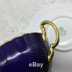 Aynsley Cobalt Blue Cabbage Rose Flower Signed Porcelain Tea Cup Saucer Bailey
