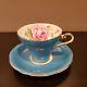 Aynsley English Porcelain Blue Turquoise Cabbage Roses Cup And Saucer