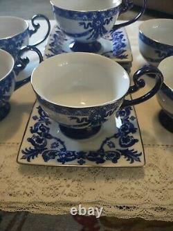 BOMBAY Set Of 6 Cobalt Blue and White With Platinum Trim Cup & Saucer Rosette
