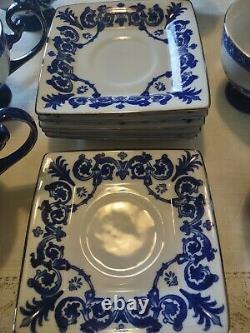 BOMBAY Set Of 6 Cobalt Blue and White With Platinum Trim Cup & Saucer Rosette