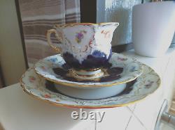 Beautiful Meissen B Form Full Size Cup Saucer & Plate Trio Cobalt Floral c1900+