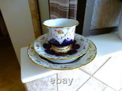 Beautiful Meissen B Form Full Size Cup Saucer & Plate Trio Cobalt Floral c1900+