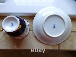 Beautiful Meissen B Form Full Size Cup Saucer & Plate Trio Cobalt Floral c1900+