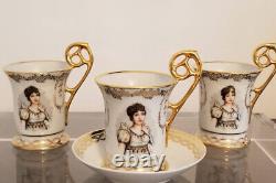 Beautiful Set of 3 Limoges France Porcelain Portrait Cups w Gilt Trim 1 Saucer