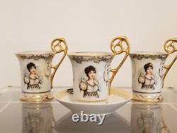 Beautiful Set of 3 Limoges France Porcelain Portrait Cups w Gilt Trim 1 Saucer