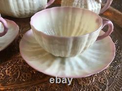 Belleek China Rare Pink Coral Shell tea for two teapot 2x cups saucer and jug