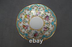 British Hand Painted Floral Turquoise & Gold Tea Cup & Saucer Circa 1840-1850s
