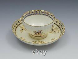 Caughley Porcelain Fluted Tea Bowl & Saucer Dresden Flowers c. 1785