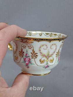 Cauldon Tiffany Hand Painted Pink Roses Raised Gold & Cobalt Tea Cup & Saucer E