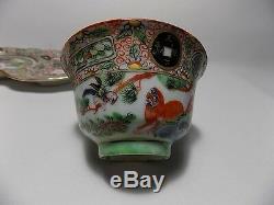 Chinese Antique Porcelain Famille Rose Canton Tea Cup&Saucer Unusual Dog & Coin