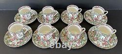 Chinese Famille Rose Medallion Demitasse Cups & Saucers Set of 8 Hand Painted