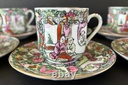 Chinese Famille Rose Medallion Demitasse Cups & Saucers Set of 8 Hand Painted