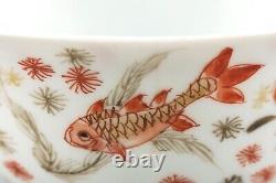 Chinese Tea Cup Saucer Famille Rouge Porcelain Qing Goldfish Qianlong 1736-1795