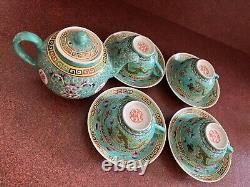 Chinese porcelain Turquoise Green Tea/Coffee Set Tea Pot 4 Cup/Saucer