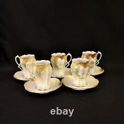 Chocolate Cups Saucers RS Germany Set 5 Hand Painted White Azalea Gold 1910-1945