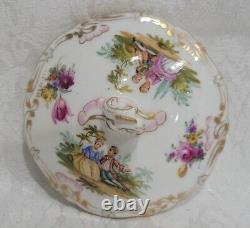 DRESDEN PORCELAIN CREAM SOUP CUP WithLID &SAUCER HP COURTING SCENE, FLOWER RARE