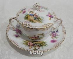 DRESDEN PORCELAIN CREAM SOUP CUP WithLID &SAUCER HP COURTING SCENE, FLOWER RARE