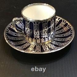 Deco Hutschenreuther Heavy Silver Overlay Porcelain Cup Saucer Cobalt Blue