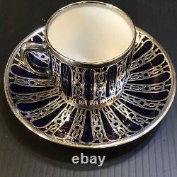 Deco Hutschenreuther Heavy Silver Overlay Porcelain Cup Saucer Cobalt Blue