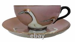 Deco Seven Lucky Cranes Pink & Black Tea Cup & Saucer Antique Fine Porcelain