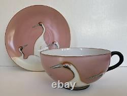 Deco Seven Lucky Cranes Pink & Black Tea Cup & Saucer Antique Fine Porcelain