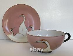 Deco Seven Lucky Cranes Pink & Black Tea Cup & Saucer Antique Fine Porcelain