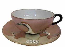 Deco Seven Lucky Cranes Pink & Black Tea Cup & Saucer Antique Fine Porcelain