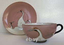 Deco Seven Lucky Cranes Pink & Black Tea Cup & Saucer Antique Fine Porcelain