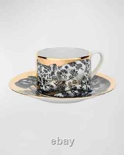 Designer Tea Cup + Saucer Black + Gold Floral Cat Porcelain Italy Original