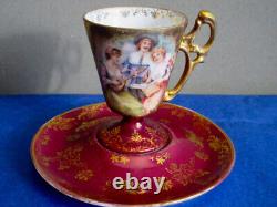 Dresden Antique Porcelain Burgundy Gold Hand Painted Cup & Saucer Signed ca. 1902