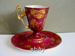 Dresden Antique Porcelain Burgundy Gold Hand Painted Cup & Saucer Signed ca. 1902