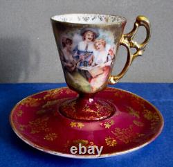 Dresden Antique Porcelain Burgundy Gold Hand Painted Cup & Saucer Signed ca. 1902