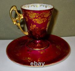 Dresden Antique Porcelain Burgundy Gold Hand Painted Cup & Saucer Signed ca. 1902