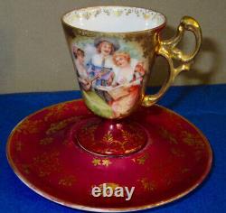 Dresden Antique Porcelain Burgundy Gold Hand Painted Cup & Saucer Signed ca. 1902