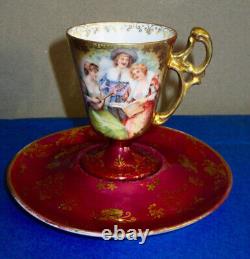 Dresden Antique Porcelain Burgundy Gold Hand Painted Cup & Saucer Signed ca. 1902