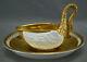 Dresden Carl Thieme Gold & White Antique Bisque Porcelain Swan Cup & Saucer B