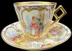 Dresden Hand Painted Watteau Scenes Raised Gold Floral Tea Cup & Saucer Antique