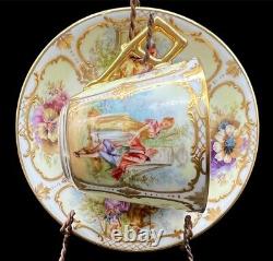 Dresden Hand Painted Watteau Scenes Raised Gold Floral Tea Cup & Saucer Antique