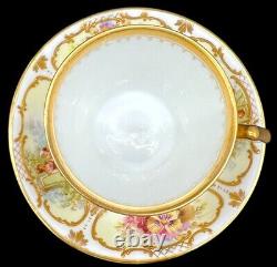 Dresden Hand Painted Watteau Scenes Raised Gold Floral Tea Cup & Saucer Antique