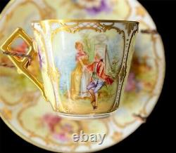 Dresden Hand Painted Watteau Scenes Raised Gold Floral Tea Cup & Saucer Antique