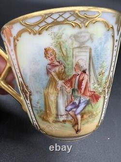 Dresden Hand Painted Watteau Scenes Raised Gold Floral Tea Cup & Saucer Antique