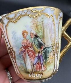 Dresden Hand Painted Watteau Scenes Raised Gold Floral Tea Cup & Saucer Antique