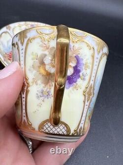 Dresden Hand Painted Watteau Scenes Raised Gold Floral Tea Cup & Saucer Antique