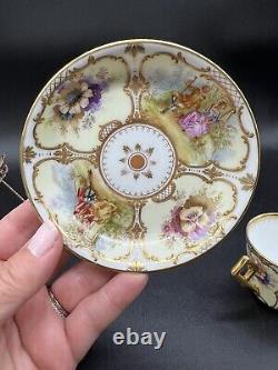 Dresden Hand Painted Watteau Scenes Raised Gold Floral Tea Cup & Saucer Antique