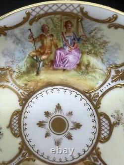 Dresden Hand Painted Watteau Scenes Raised Gold Floral Tea Cup & Saucer Antique