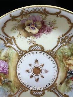 Dresden Hand Painted Watteau Scenes Raised Gold Floral Tea Cup & Saucer Antique