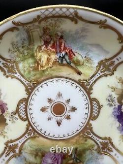 Dresden Hand Painted Watteau Scenes Raised Gold Floral Tea Cup & Saucer Antique