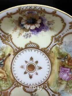 Dresden Hand Painted Watteau Scenes Raised Gold Floral Tea Cup & Saucer Antique